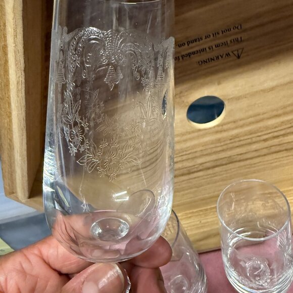 Vintage Bohemia Crystal Cascade  Etched Champagne Flutes Set Of 6 With Floral De - Picture 3 of 5